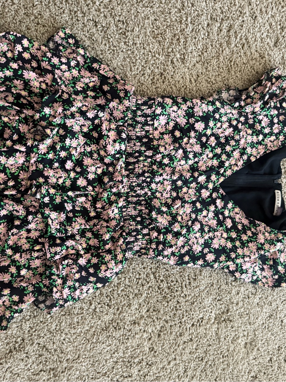 Alice + Olivia Black Romper with Pink & Green Floral Print
